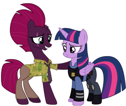 Size: 12012x10137 | Tagged: safe, artist:ejlightning007arts, tempest shadow, twilight sparkle, alicorn, pony, unicorn, g4, my little pony: the movie, base used, broken horn, clothes, cosplay, costume, eye scar, female, hawaiian shirt, hoof on shoulder, horn, judy hopps, lesbian, mare, necktie, nick wilde, police, police officer, police uniform, scar, ship:tempestlight, shipping, shirt, simple background, smiling, transparent background, twilight sparkle (alicorn), vector, zootopia
