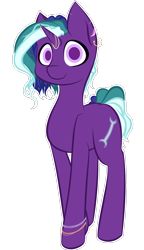 Size: 1558x2702 | Tagged: safe, artist:those kids in the corner, oc, oc only, oc:spark, pony, unicorn, bracelet, female, jewelry, looking at you, mare, scar, simple background, smiling, solo, transparent background, wrench
