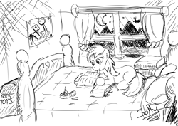 Size: 8185x5787 | Tagged: safe, artist:sollace, noi, earth pony, pony, g4, bed, bedroom, book, candle, curtains, drawing, female, filly, foal, lying, lying on bed, matchstick, moon, mountain, night sky, on bed, pillow, reading, smiling, solo, stars, tired, tongue out, toy chest, window