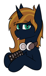 Size: 1192x1960 | Tagged: safe, artist:pegasko, oc, oc only, pony, unicorn, :p, bat pony eyes, bust, headphones, holding, keyboard, looking at you, portrait, simple background, solo, tongue out, transparent background, vector