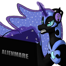 Size: 1840x1840 | Tagged: safe, artist:illusiveelusive, nightmare moon, princess luna, alicorn, pony, gamer luna, g4, female, headset, keyboard, magic, monitor, pun, simple background, solo, telekinesis, transparent background