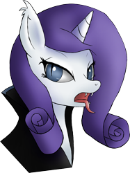 Size: 1000x1337 | Tagged: safe, artist:illusiveelusive, rarity, pony, unicorn, vampire, g4, bust, clothes, fangs, female, simple background, slit pupils, solo, tongue out, transparent background