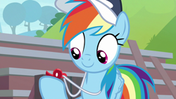 Size: 1280x720 | Tagged: safe, screencap, rainbow dash, pegasus, pony, 2 4 6 greaaat, g4, buckball court, close-up, coach rainbow dash, coaching cap, cute, dashabetes, female, hat, mare, rainbow dashs coaching whistle, smiling, solo, that pony sure does love whistles, whistle, whistle necklace