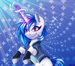 Size: 1700x1500 | Tagged: safe, artist:celes-969, dj pon-3, vinyl scratch, pony, unicorn, g4, abstract background, clothes, ear piercing, earring, female, glowing horn, grin, horn, jewelry, long horn, piercing, rearing, shirt, smiling, solo