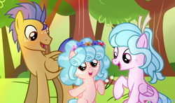 Size: 1181x695 | Tagged: safe, artist:lilith1light, cozy glow, oc, pegasus, pony, g4, a better ending for cozy, cozy glow's father, cozy glow's mother, cozy glow's parents, cozybetes, cute, father and child, father and daughter, female, filly, floral head wreath, flower, hairband, male, mare, mother and child, mother and daughter, parent, smiling, stallion, tree