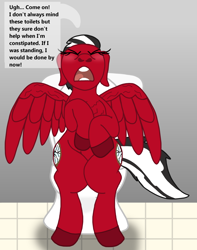 Size: 1010x1280 | Tagged: safe, artist:small-brooke1998, oc, oc only, pegasus, pony, blushing, both cutie marks, but why, constipated, eyes closed, implied pooping, open mouth, ponified, shatter (transformers), sitting on toilet, solo, toilet, transformers