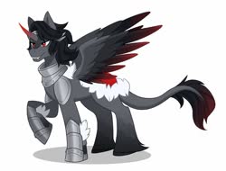 Size: 1000x761 | Tagged: safe, artist:ezariel, king sombra, oc, alicorn, pony, g4, alicorn oc, alicornified, armor, black and red, black mane, colored wings, colored wingtips, curved horn, fangs, g5 concept leak style, hooves, horn, king sombra (g5), leonine tail, male, male alicorn, male alicorn oc, race swap, raised hoof, redesign, shoulder pads, sombracorn, spread wings, stallion, unconvincing armor, wings