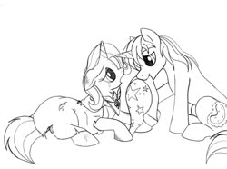 Size: 1024x763 | Tagged: safe, artist:blazelupine, trixie, oc, oc:pickles, pony, unicorn, g4, magic duel, alicorn amulet, clothes, coat, crying, duo, hat, monochrome, mouth hold, simple background, torn clothes, traditional art, trikles, trixie's hat, white background