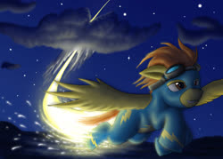 Size: 2000x1429 | Tagged: safe, artist:anadukune, spitfire, pegasus, pony, g4, clothes, cloud, contest entry, female, fire trail, flying, goggles, mare, night, night sky, sky, solo, sparks, spitfiery, splitting, spread wings, stars, uniform, wings, wonderbolts uniform