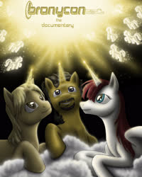 Size: 2400x3000 | Tagged: safe, artist:anadukune, oc, oc:fausticorn, alicorn, pony, unicorn, bronycon documentary, cloud, contest entry, female, glowing, glowing horn, high res, horn, john de lancie, lauren faust, looking up, male, mare, ponified, prone, silhouette, smiling, sparkles, stallion, tara strong, title, trio