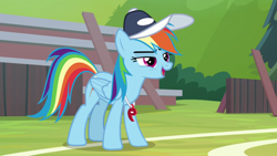 Size: 1920x1080 | Tagged: safe, screencap, rainbow dash, pegasus, pony, 2 4 6 greaaat, g4, cap, coach rainbow dash, female, hat, mare, open mouth, smiling, solo