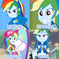 Size: 828x828 | Tagged: safe, edit, edited screencap, screencap, rainbow dash, blue crushed, do it for the ponygram!, equestria girls, g4, my little pony equestria girls, my little pony equestria girls: better together, run to break free, challenge, dolly parton challenge, facebook, female, geode of super speed, instagram, linkedin, magical geodes, meme, solo, tinder