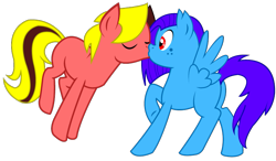 Size: 783x458 | Tagged: safe, artist:theironheart, oc, oc only, earth pony, pegasus, pony, base used, earth pony oc, eyes closed, freckles, kissing, pegasus oc, raised hoof, simple background, transparent background, wide eyes, wings