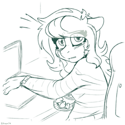 Size: 975x975 | Tagged: safe, artist:skoon, wallflower blush, earth pony, anthro, equestria girls, g4, clothes, computer, crying, eye clipping through hair, female, floppy ears, holding, laptop computer, looking at you, mare, memory stone, misleading, misleading thumbnail, monochrome, sitting, solo, sweater, teary eyes