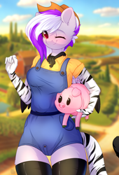 Size: 2040x3000 | Tagged: safe, artist:alphadesu, oc, oc only, pegasus, pig, anthro, anthro oc, clothes, cottagecore, cowboy hat, farmer, female, hat, high res, mare, one eye closed, overalls, smiling, solo, wink