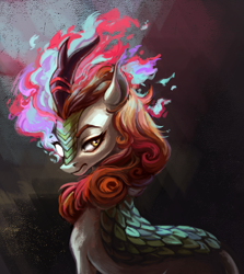 Size: 1337x1500 | Tagged: safe, artist:weird--fish, autumn blaze, kirin, g4, autumn blaze is not amused, duality, female, fire, heterochromia, imminent nirik, solo, you are already dead