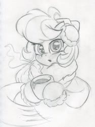 Size: 1730x2307 | Tagged: safe, artist:zemer, oc, oc only, oc:feather belle, pegasus, pony, adorable face, blushing, chest fluff, clothes, cute, earmuffs, female, floppy ears, fluffy, hoof hold, looking at you, mare, monochrome, mug, scarf, solo