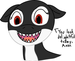 Size: 1453x1179 | Tagged: safe, artist:poniidesu, oc, oc only, oc:anon, orca, orca pony, original species, bust, compliment, female, grin, looking at you, maw, open mouth, portrait, red eyes, sharp teeth, simple background, smiling, solo, speech, teeth, text, transparent background