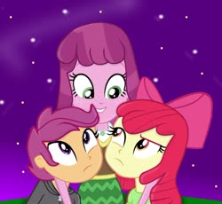 Size: 1024x941 | Tagged: safe, artist:grapefruitface1, artist:rainbowpaintdash, apple bloom, cheerilee, scootaloo, equestria girls, g4, awkward, base used, clothes, hug, night, show accurate, stars
