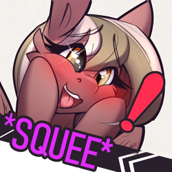 Size: 818x818 | Tagged: safe, artist:sugarlesspaints, oc, oc only, oc:copper crescendo, pegasus, pony, blushing, exclamation point, explicit source, female, mare, open mouth, solo, sparkly eyes, squee, squishy cheeks, wingding eyes