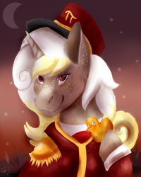 Size: 2000x2500 | Tagged: safe, artist:euspuche, oc, oc only, oc:margaret garcia, pony, unicorn, bust, clothes, female, fluffy, habbo hotel, high res, looking at you, portrait, receptionist, rubber duck