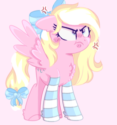 Size: 1003x1076 | Tagged: safe, artist:heidi, oc, oc only, oc:bay breeze, pegasus, pony, angry, bow, chest fluff, clothes, cute, ear fluff, female, hair bow, looking up, madorable, mare, simple background, socks, striped socks, tail bow