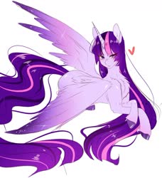 Size: 1280x1403 | Tagged: safe, artist:tohkatana, twilight sparkle, alicorn, pony, g4, blushing, chest fluff, colored hooves, colored wings, cute, ear fluff, female, gradient wings, heart, leg fluff, mare, prone, simple background, solo, twiabetes, twilight sparkle (alicorn), white background, wings