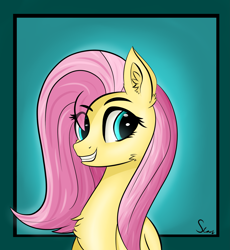 Size: 3687x4000 | Tagged: safe, artist:someonex64, fluttershy, pony, g4, bust, cheek fluff, chest fluff, cute, ear fluff, eye clipping through hair, female, grin, high res, portrait, shyabetes, smiling, solo