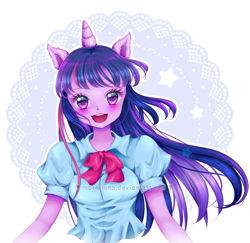 Size: 1181x1149 | Tagged: safe, artist:mare-luna, twilight sparkle, equestria girls, g4, abstract background, blushing, bust, circle background, cute, ear fluff, female, horn, looking at you, open mouth, ponied up, solo, starry eyes, stars, twiabetes, wingding eyes