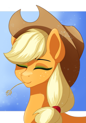 Size: 1119x1600 | Tagged: safe, artist:ravenirik, applejack, earth pony, pony, g4, abstract background, bust, cowboy hat, cute, eyes closed, female, hat, jackabetes, mare, portrait, smiling, solo, straw in mouth