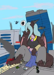 Size: 2508x3493 | Tagged: safe, artist:omegapony16, oc, oc only, oc:oriponi, bat pony, dragon, pony, anthro, digitigrade anthro, annoyed, anthro with ponies, bat pony oc, building, car, clothes, dragon oc, dragoness, female, gas mask, helicopter, high res, jewelry, macro, male, mask, necklace, pictogram, sitting, stallion, translation request