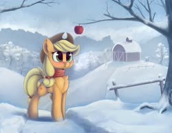 Size: 3000x2310 | Tagged: safe, artist:anti1mozg, applejack, earth pony, pony, g4, apple, blushing, chest fluff, clothes, cute, ear fluff, female, food, high res, jackabetes, leg fluff, mare, scarf, snow, solo, sweet apple acres, winter