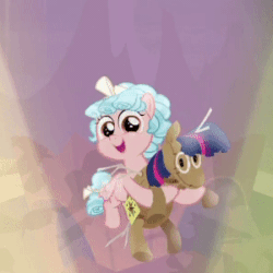 Size: 300x300 | Tagged: safe, screencap, cozy glow, pegasus, pony, frenemies (episode), g4, animated, better way to be bad, cozybetes, cropped, cute, doll, female, gif, implied twilight sparkle, solo, spinning, toy