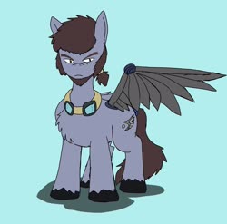 Size: 2048x2022 | Tagged: safe, artist:omegapony16, oc, oc only, oc:oriponi, pegasus, pony, amputee, artificial wings, augmented, chest fluff, frown, goggles, high res, male, one wing out, pegasus oc, prosthetic limb, prosthetic wing, prosthetics, simple background, solo, stallion, unshorn fetlocks, wings