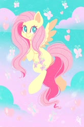 Size: 1024x1548 | Tagged: safe, artist:spookstressprincess, fluttershy, butterfly, pegasus, pony, g4, cloud, cute, female, flying, heart eyes, mare, no pupils, shyabetes, sky, solo, two toned wings, wingding eyes, wings
