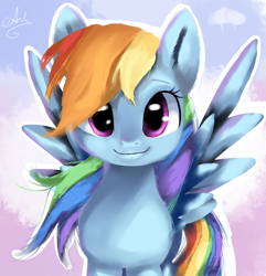Size: 1350x1400 | Tagged: safe, artist:latia122, rainbow dash, pegasus, pony, g4, cute, dashabetes, female, looking at you, mare, smiling, solo, spread wings, wings
