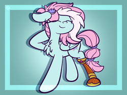 Size: 2560x1920 | Tagged: dead source, safe, artist:php142, kerfuffle, pegasus, pony, g4, rainbow roadtrip, amputee, blue background, chest fluff, eyes closed, female, gradient background, high res, mare, pincushion, prosthetic leg, prosthetic limb, prosthetics, raised leg, simple background