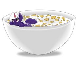 Size: 4096x3200 | Tagged: safe, artist:waffletheheadmare, oc, oc only, bat pony, bowl, cereal, corn flakes, fangs, female, food, horn, mare, milk, pink eyes, purple coat, simple background, smiling, tooth, white mane, wings