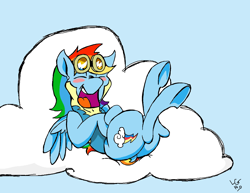 Size: 1744x1344 | Tagged: safe, artist:lucas_gaxiola, rainbow dash, pegasus, pony, blush sticker, blushing, clothes, cloud, female, goggles, laughing, mare, on a cloud, on back, open mouth, signature, solo, underhoof, uniform, wonderbolt trainee uniform