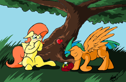 Size: 1064x696 | Tagged: safe, artist:lucas_gaxiola, fluttershy, oc, pegasus, pony, g4, bowing, canon x oc, engagement ring, eyes closed, female, male, mare, marriage proposal, ring, shipping, signature, stallion, straight, tree