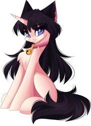 Size: 2168x2997 | Tagged: safe, artist:airiniblock, oc, oc only, cat, cat pony, original species, pony, unicorn, behaving like a cat, bell, bell collar, chest fluff, collar, commission, female, high res, looking at you, mare, simple background, sitting, slit pupils, solo, white background