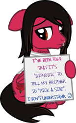 Size: 548x885 | Tagged: safe, artist:lightningbolt, derpibooru exclusive, pegasus, pony, g4, .svg available, biphobia, clothes, floppy ears, folded wings, frown, hoof hold, lidded eyes, lip piercing, male, mike fuentes, piercing, ponified, pony shaming, shirt, show accurate, sign, simple background, sitting, solo, stallion, svg, t-shirt, tattoo, transparent background, vector, wings