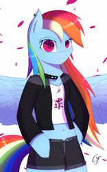 Size: 1200x1920 | Tagged: safe, artist:laptop-pone, rainbow dash, pegasus, semi-anthro, g4, arm hooves, belly, belly button, bipedal, clothes, female, jacket, mare, shirt, shorts, solo, wings