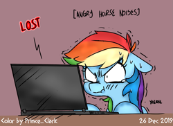 Size: 1111x810 | Tagged: safe, artist:princeclark, artist:xieril, color edit, edit, rainbow dash, pegasus, pony, g4, angry, angry horse noises, colored, computer, cute, descriptive noise, ears back, female, frustrated, horse noises, laptop computer, madorable, mare, scrunchy face, solo, tears of anger, tears of rage, teary eyes, trembling