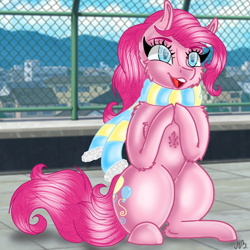 Size: 768x768 | Tagged: safe, artist:meadowbelle2, pinkie pie, earth pony, pony, g4, building, clothes, cute, female, fence, house, mare, scarf, sitting, tiled floor