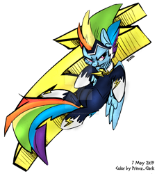 Size: 600x663 | Tagged: safe, artist:princeclark, artist:xieril, color edit, edit, rainbow dash, zapp, pegasus, pony, g4, power ponies (episode), abstract background, colored, female, grin, mare, power ponies, simple background, smiling, solo, transparent background, wings