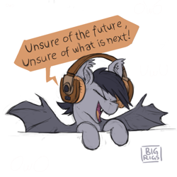 Size: 717x717 | Tagged: safe, artist:bigrigs, bat pony, pony, fangs, headphones, solo, song reference, wings
