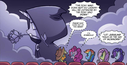 Size: 2384x1222 | Tagged: safe, artist:tonyfleecs, idw, applejack, fluttershy, pinkie pie, rainbow dash, rarity, pony, unicorn, g4, spoiler:comic, spoiler:comic66, cropped, female, flower, flower in mouth, hood, mare, mouth hold, movie, rose, speech bubble, whispering
