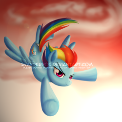 Size: 1400x1400 | Tagged: safe, artist:myhysteria, rainbow dash, pegasus, pony, g4, cloud, female, flying, mare, obtrusive watermark, sky, solo, spread wings, watermark, wings