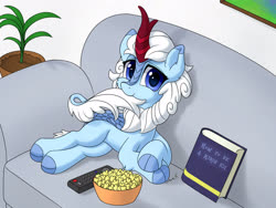Size: 3200x2400 | Tagged: safe, artist:mercurysparkle, oc, oc only, oc:eula phi, kirin, book, couch, female, food, high res, kirin-ified, mare, nom, popcorn, remote, solo, species swap